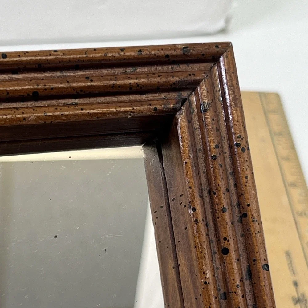 Carved Wood Square Wall Mirror 8x8 Brown Frame Diamond Hang Option